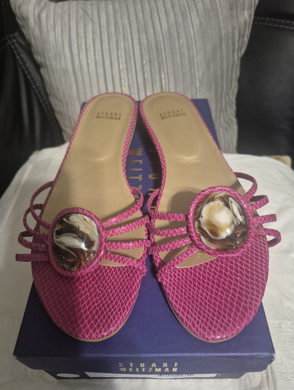 Stuart Weitzman Hot Pink Braided Slide Mules with Shell Medallion Size 9